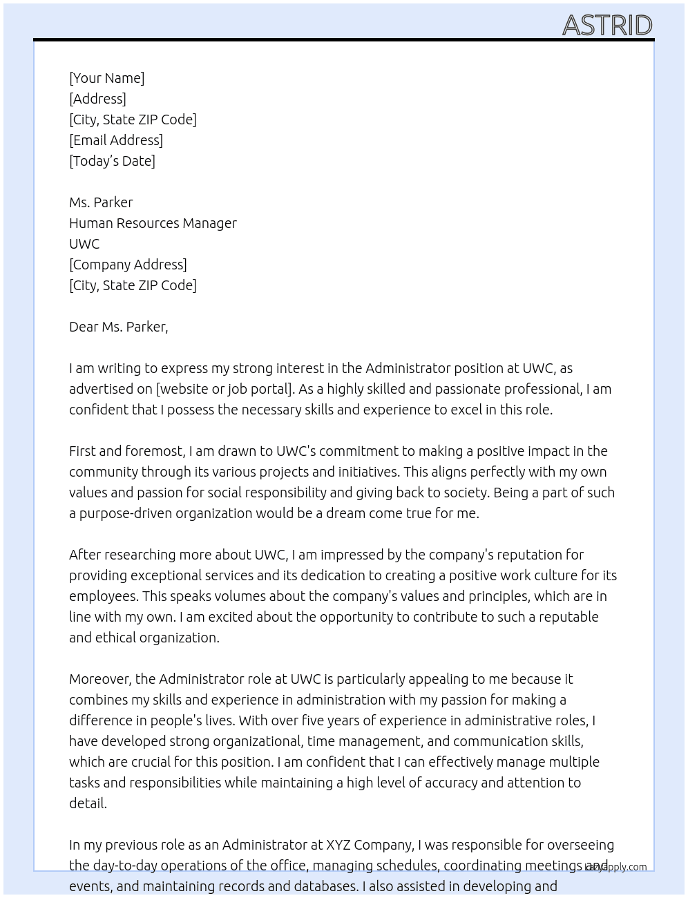 Administrator At UWC Cover Letter