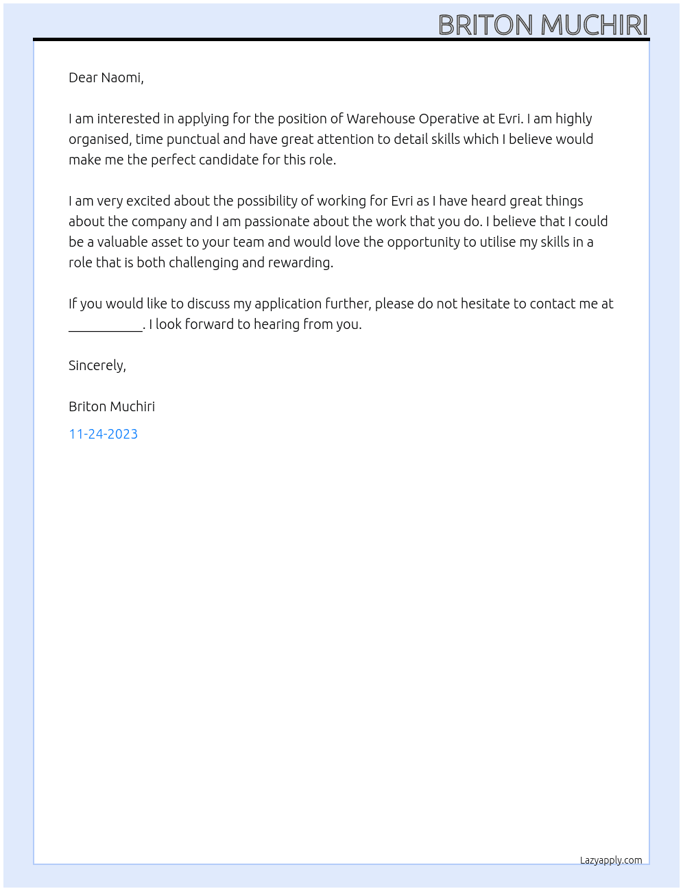 Warehouse Operative At Evri Cover Letter