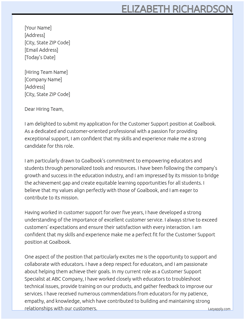 customer support At Goalbook Cover Letter