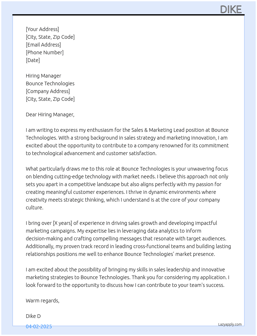  Sales & Marketing Lead At 'Bounce Technologies Cover Letter
