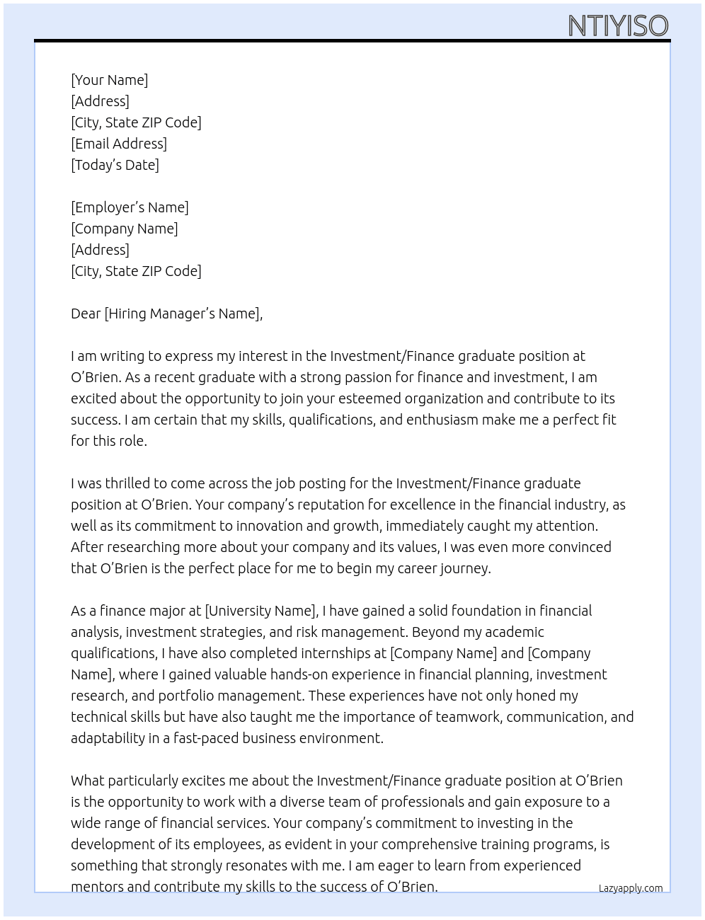Investment/Finance graduate At O'Brien Cover Letter