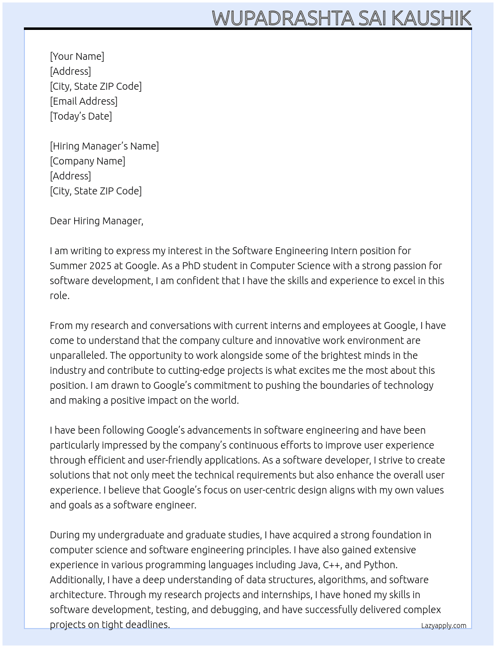 Cover letter for software engineering intern, phd, summer 2025 internship - LazyApply