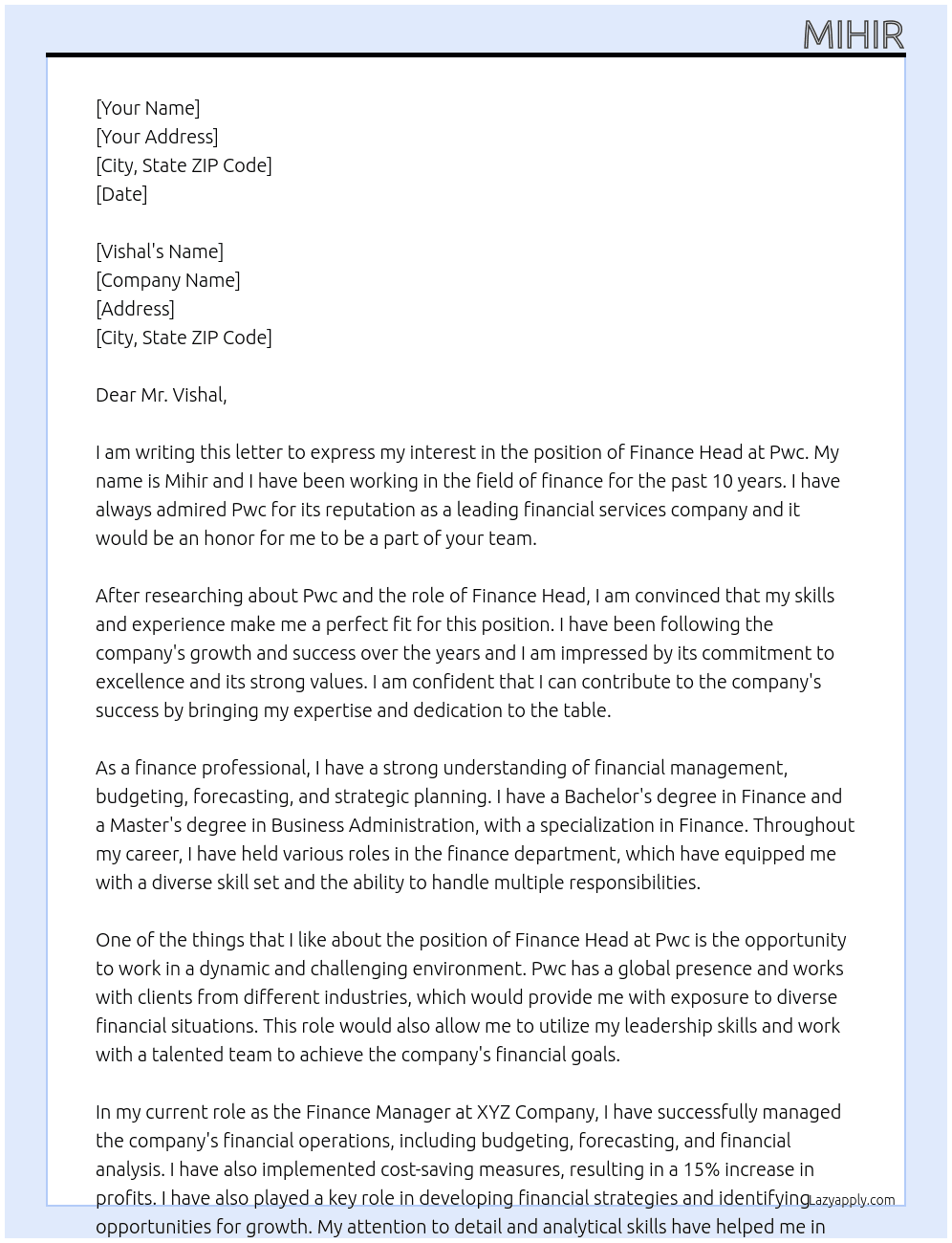 Finance head At Pwc Cover Letter