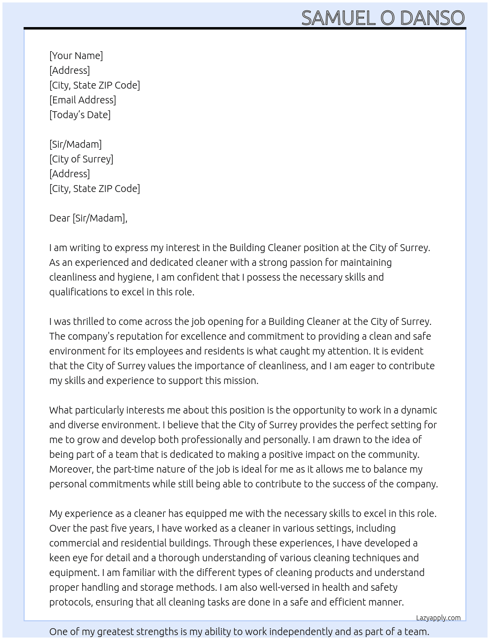 Building Cleaner At City of Surrey Cover Letter