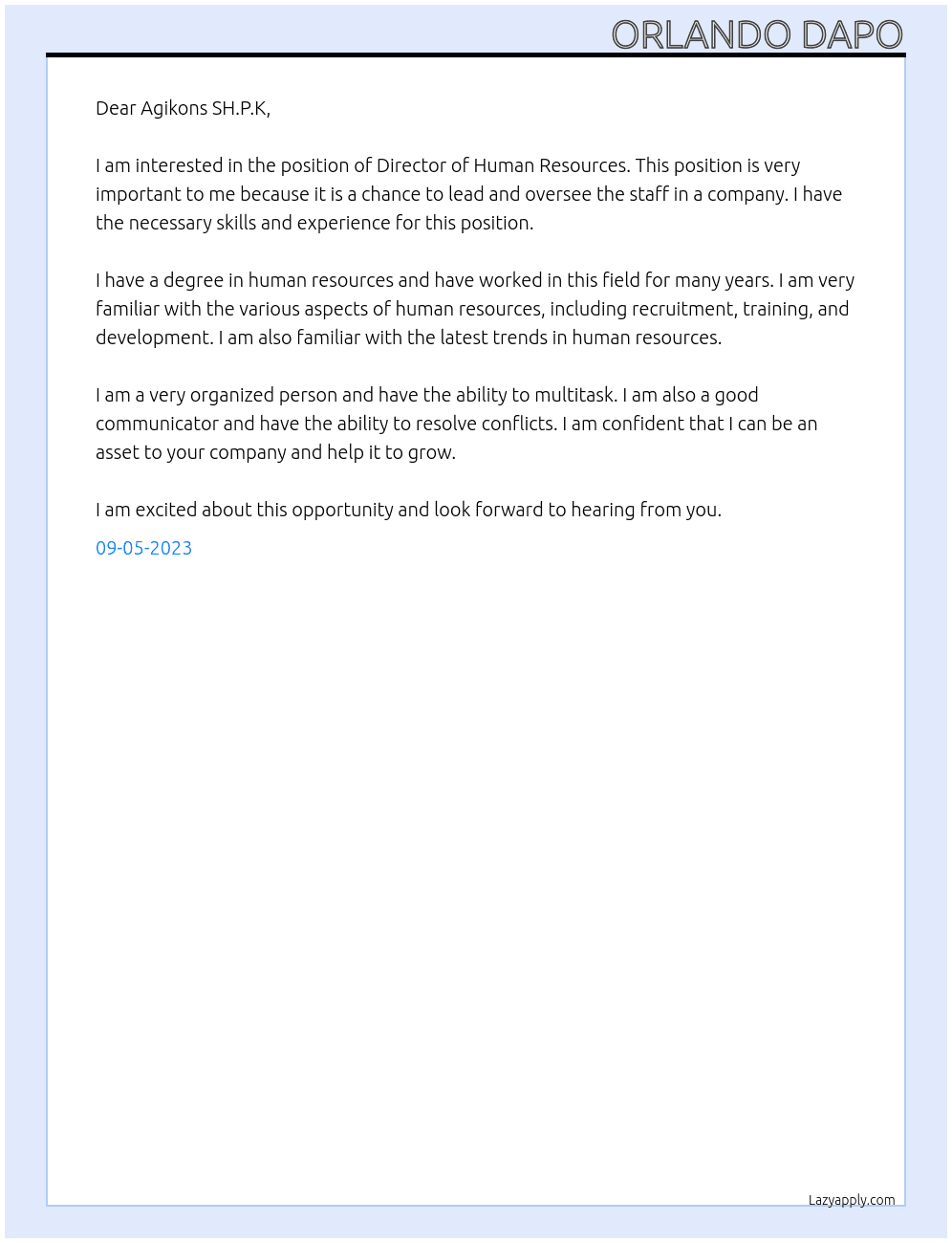 Director of Human Resources At Agikons SH.P.K Cover Letter