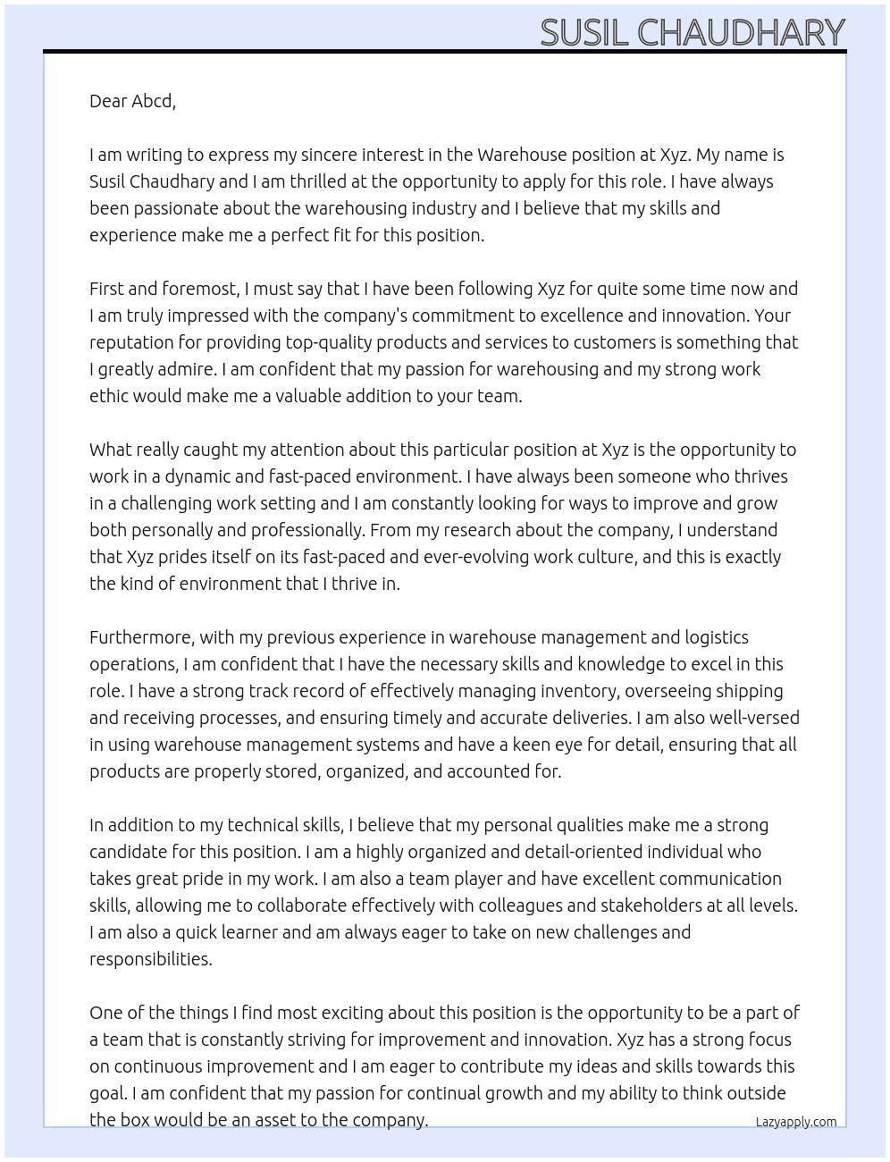 Werehouse At Xyz Cover Letter