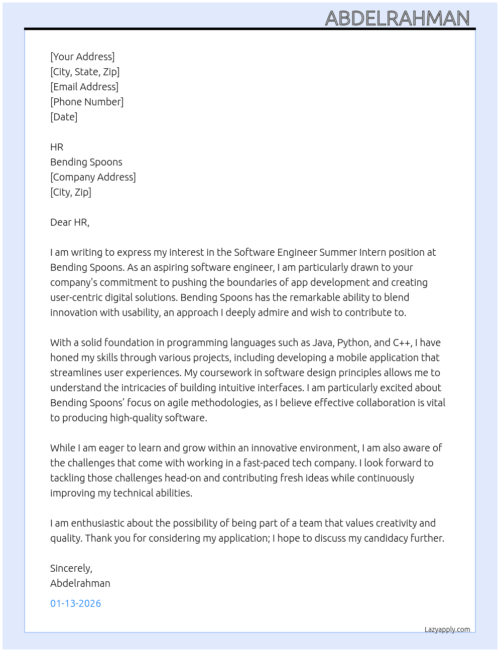 Software engineer, summer intern France At Bending Spoons Cover Letter