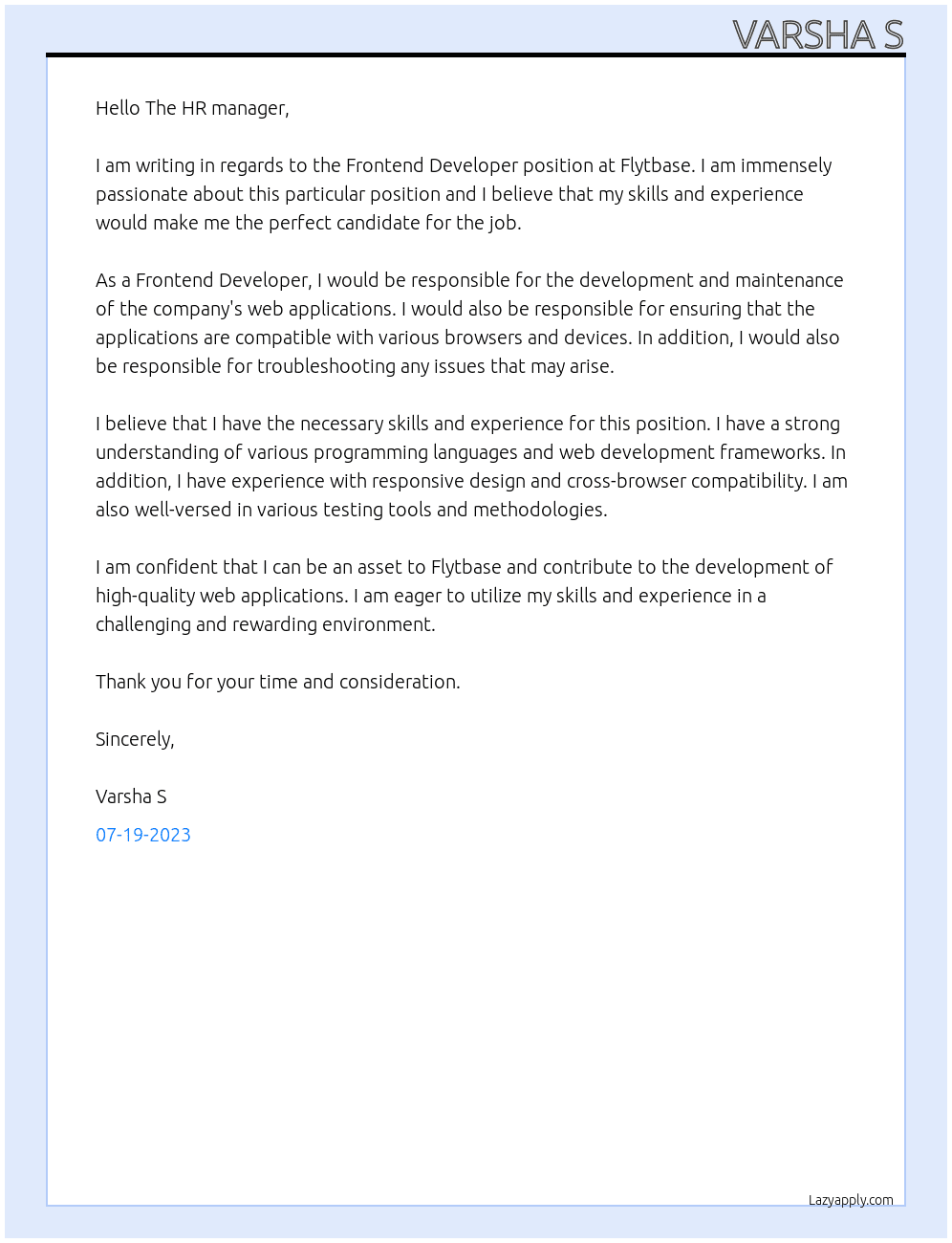 Frontend Developer At Flytbase Cover Letter