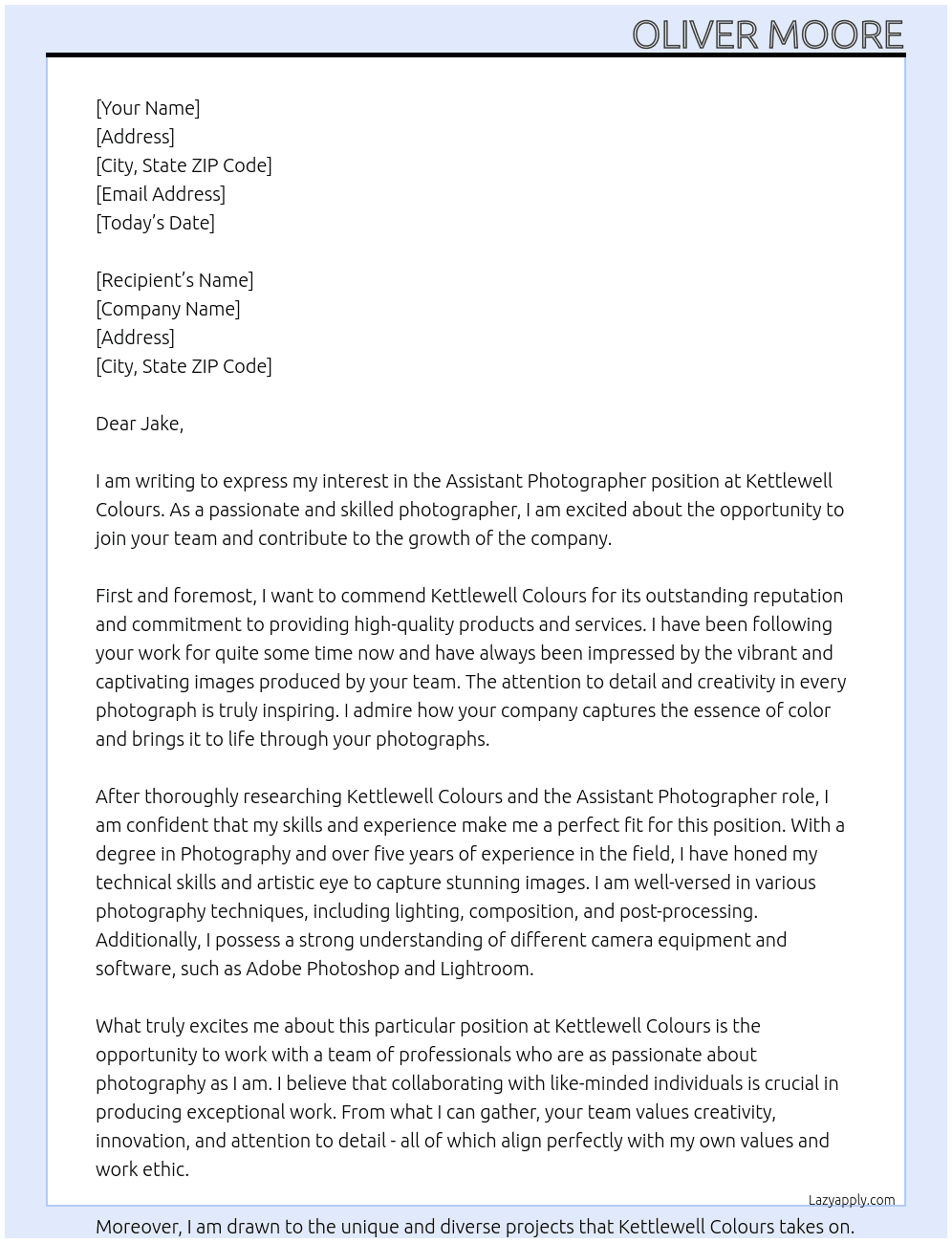 Assistant Photographer  At Kettlewell Colours Cover Letter