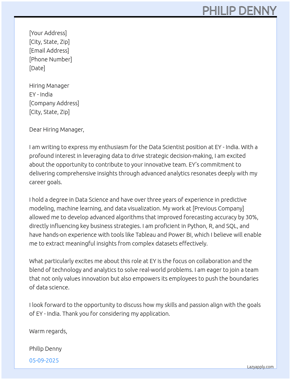 Data Scientist At EY - India Cover Letter