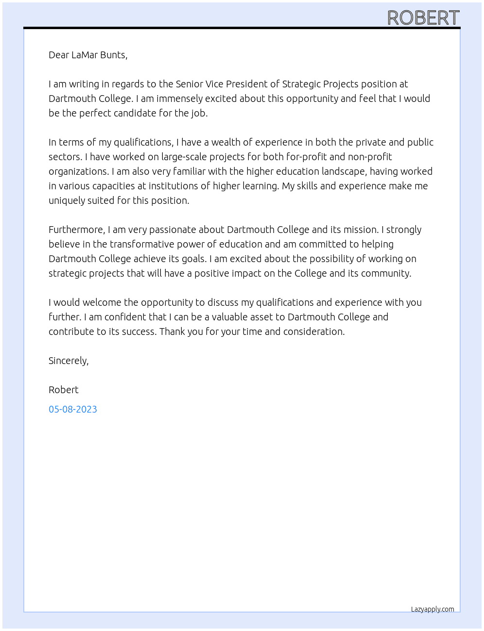 Senior Vice President of Strategic Projects At Dartmouth College Cover Letter