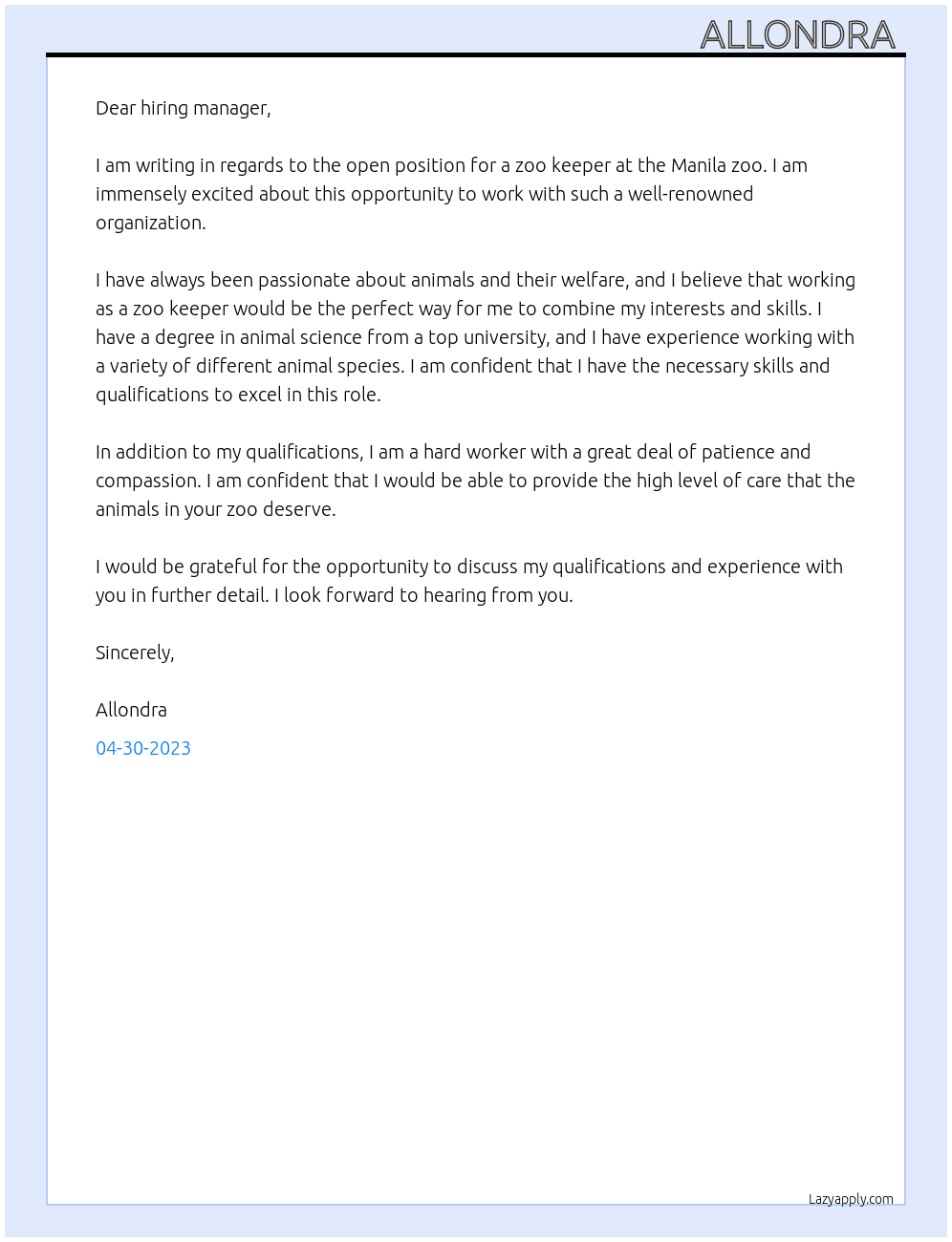 zoo keeper At manila zoo Cover Letter