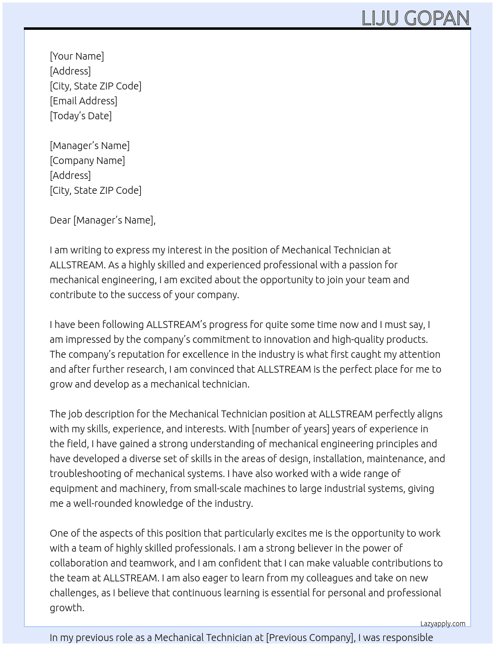 mechanial technician At ALLSTREAM Cover Letter
