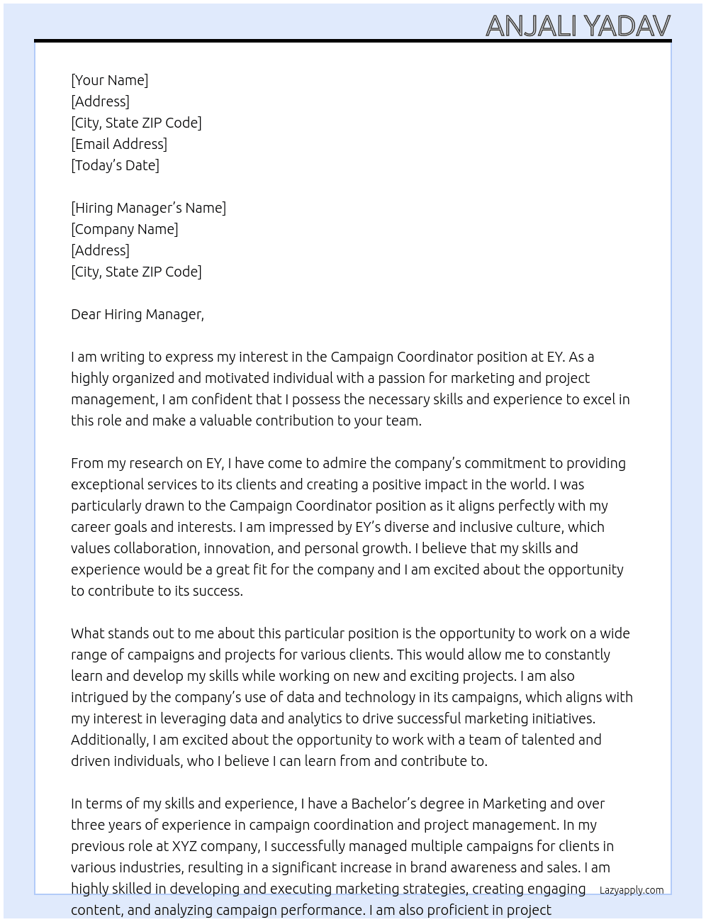 Campaign Coordinator At EY Cover Letter