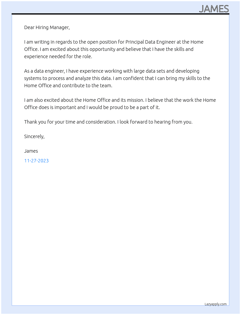 Principal Data Engineer At Home Office Cover Letter
