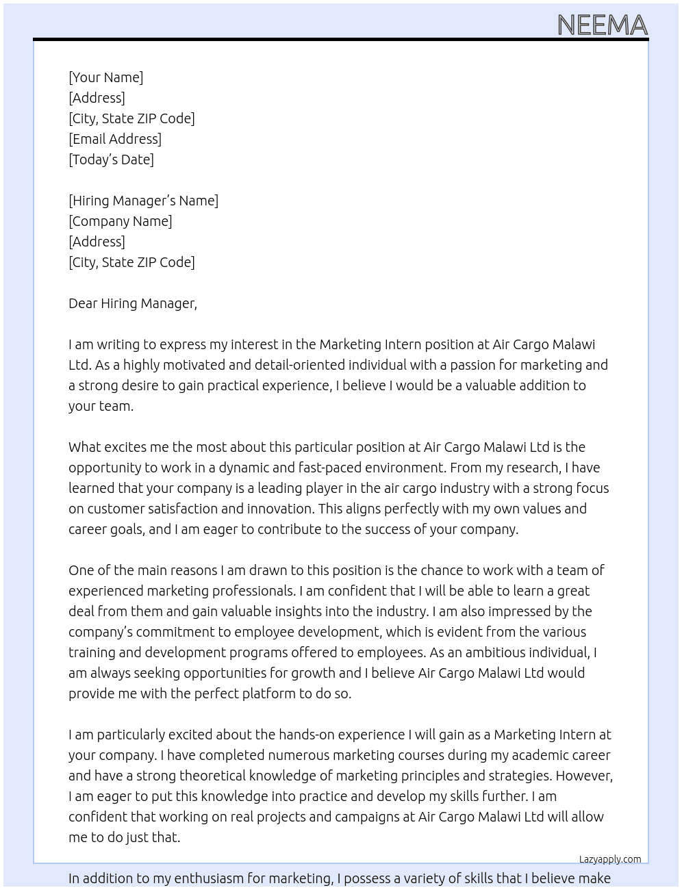 Marketing Intern At Air Cargo Malawi Ltd Cover Letter