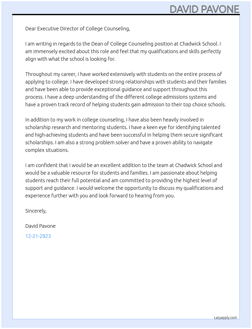 Dean of College Counseling At Chadwick School Cover Letter