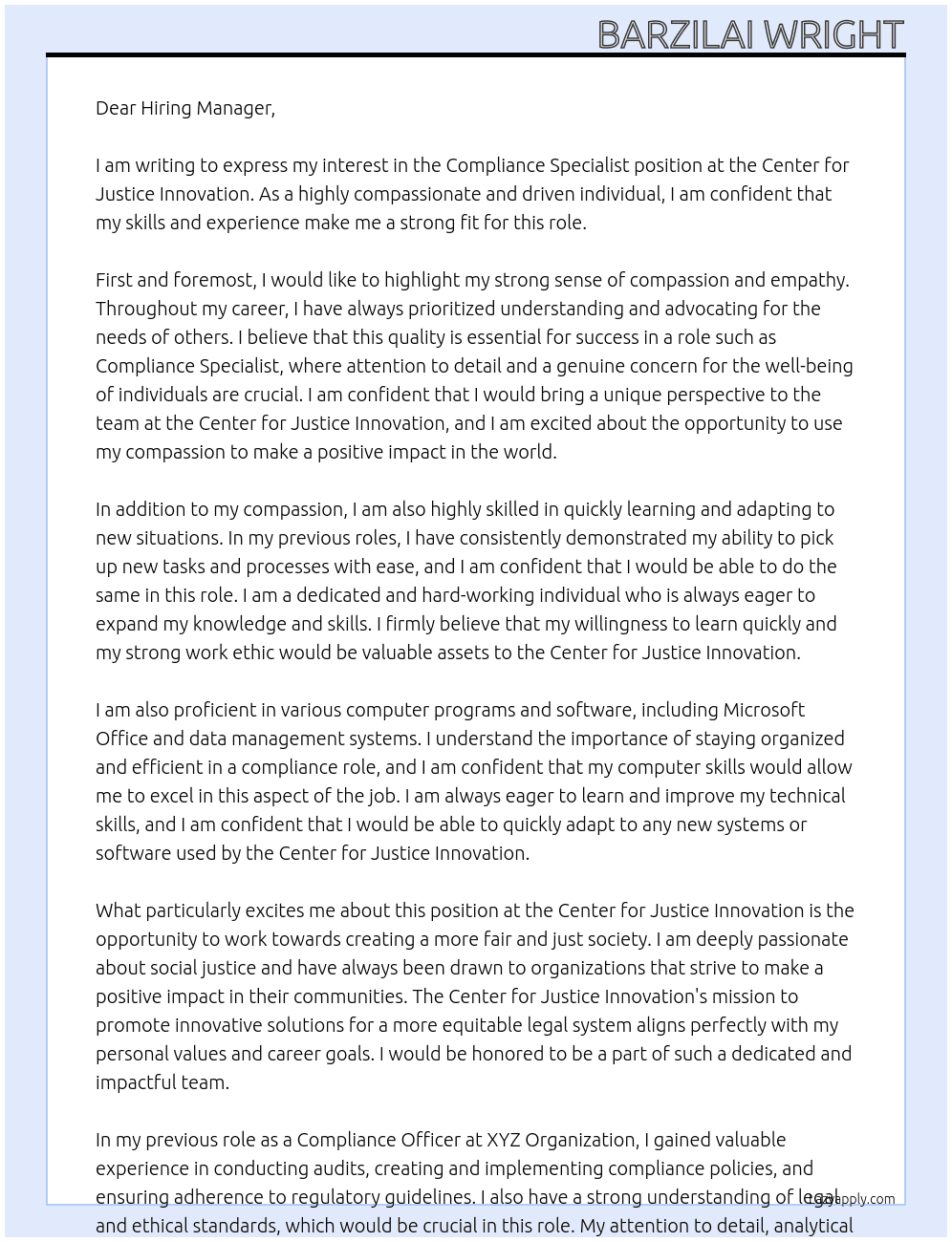 Compliance Specialist At Center for Justice Innovation Cover Letter