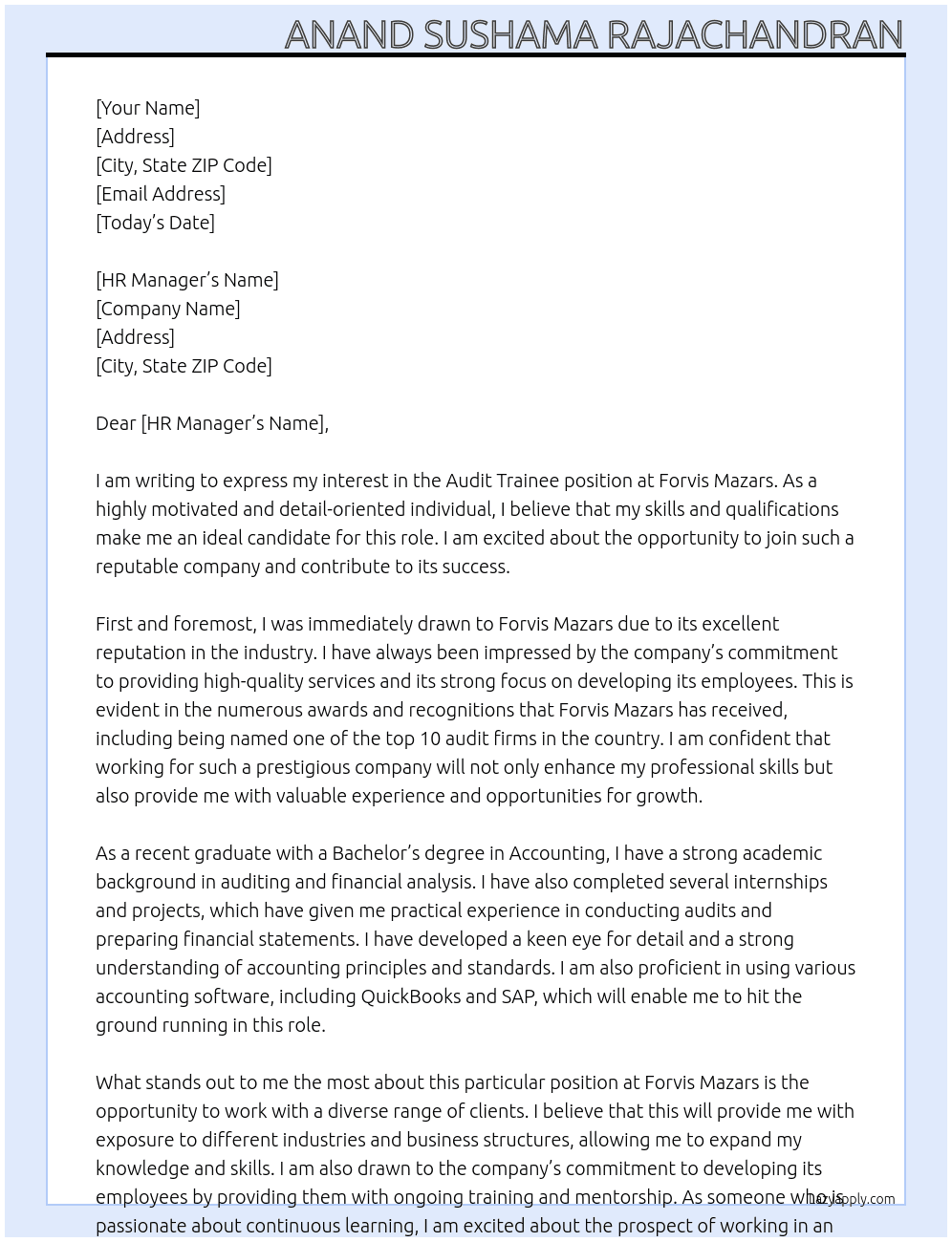 Audit trainee At forvis mazars Cover Letter