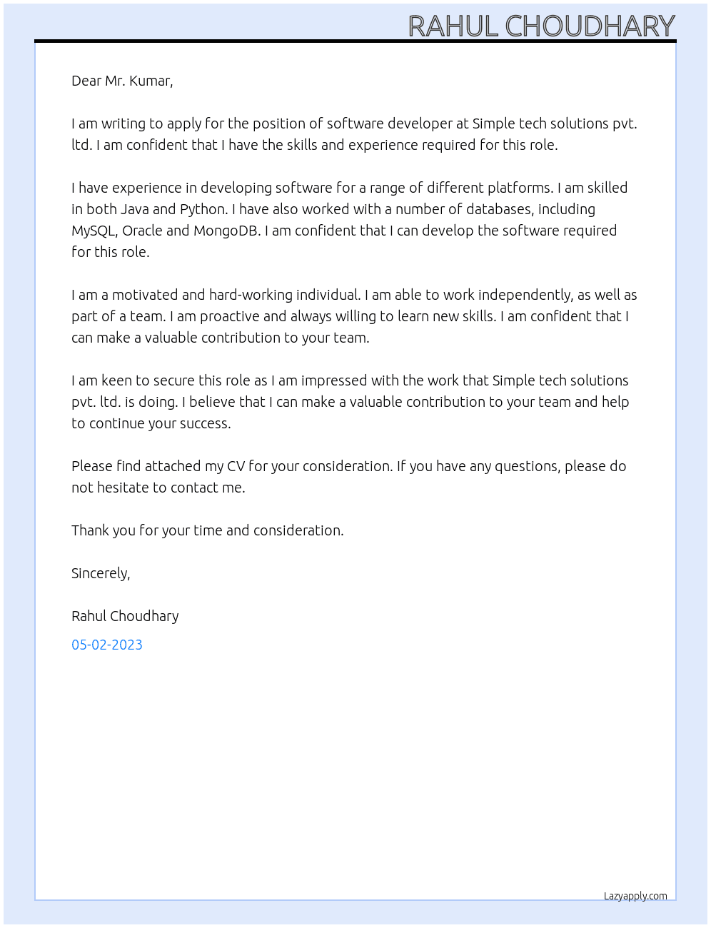 Software developer At Simple tech solutions pvt. ltd. Cover Letter