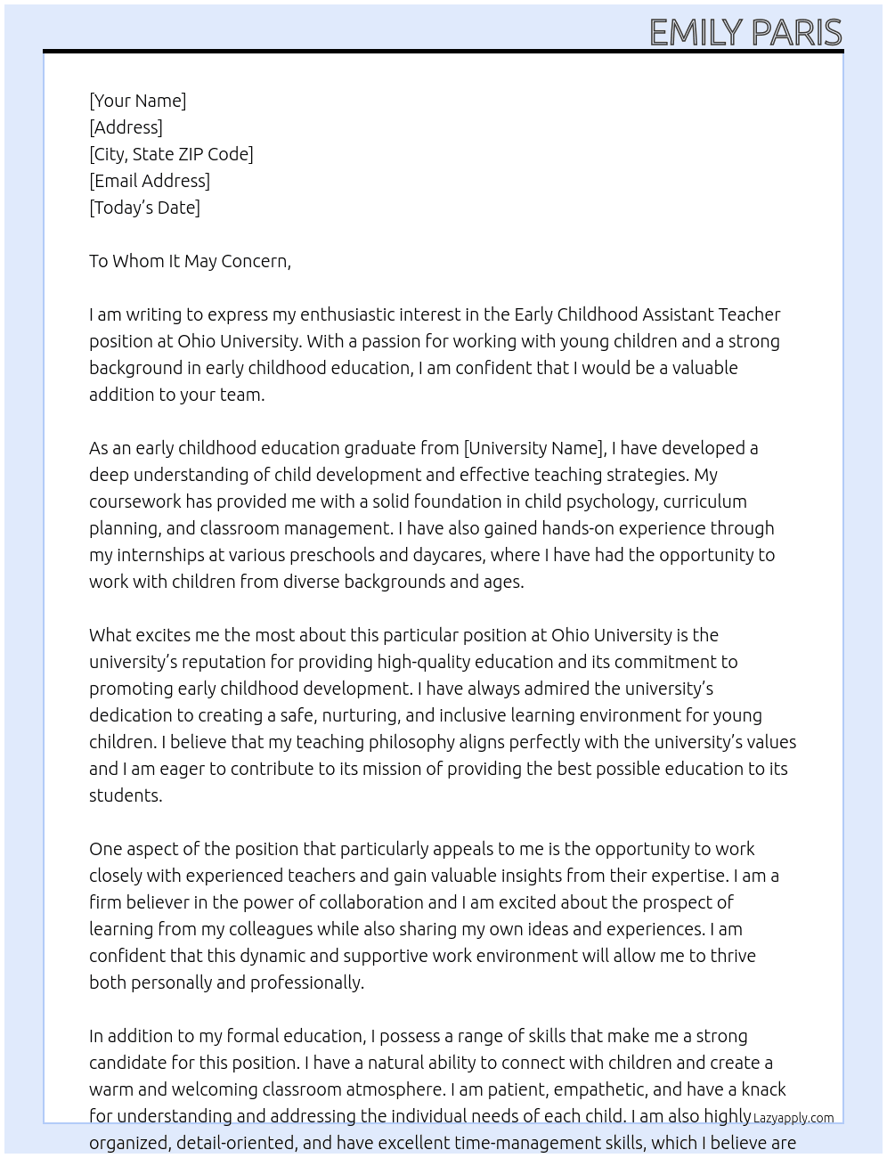 Early Childhood Assistant Teacher At Ohio University Cover Letter