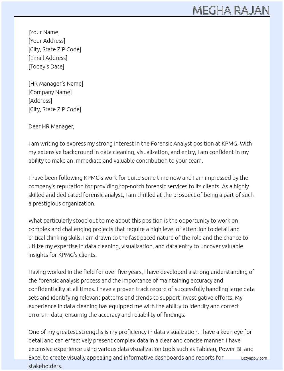 Forensic analyst  At KPMG Cover Letter