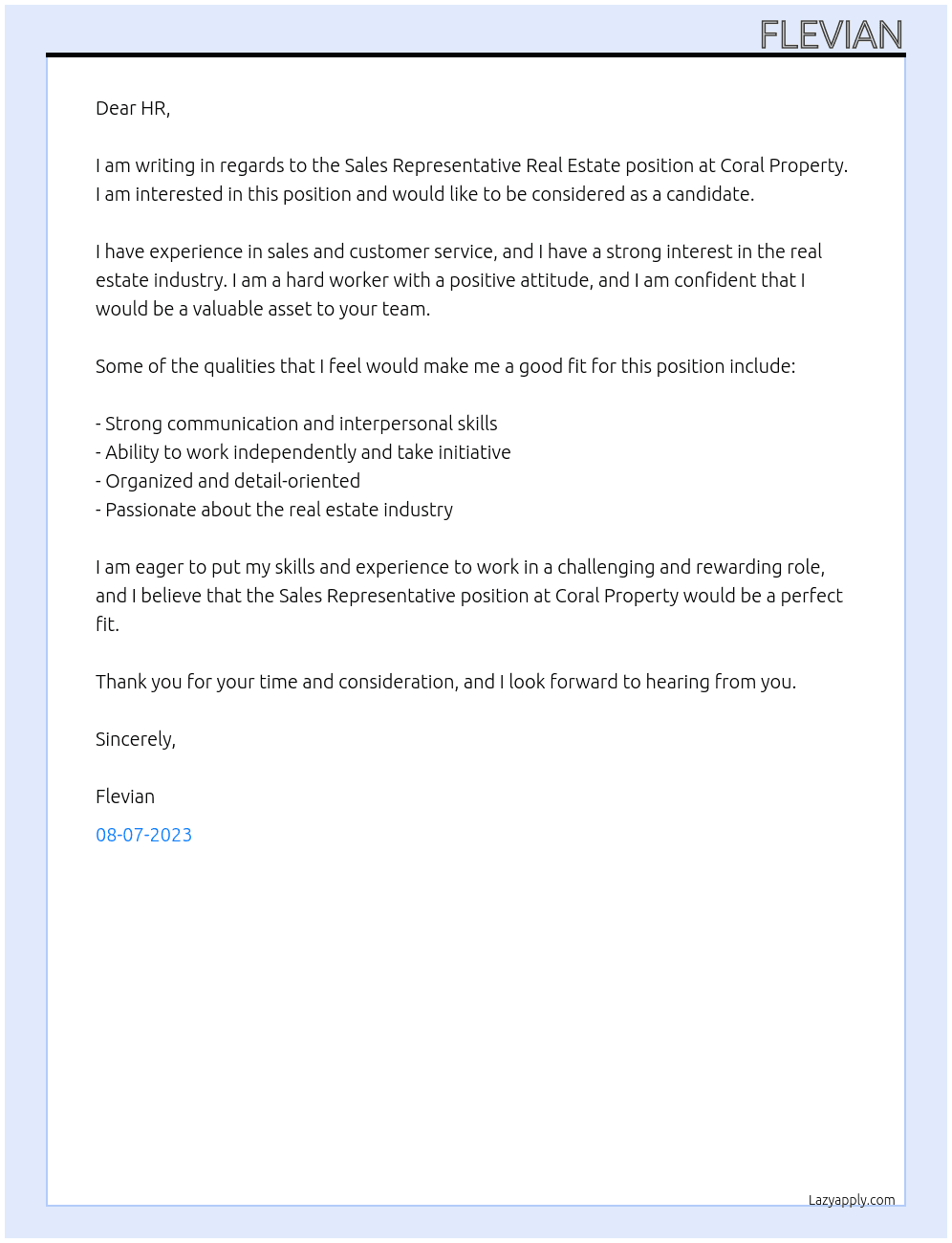 Sales Representative Real Estate At Coral Property Cover Letter
