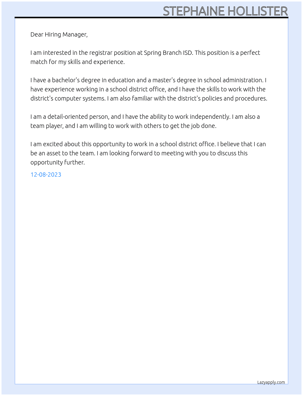 Registrar  At Spring Branch ISD Cover Letter