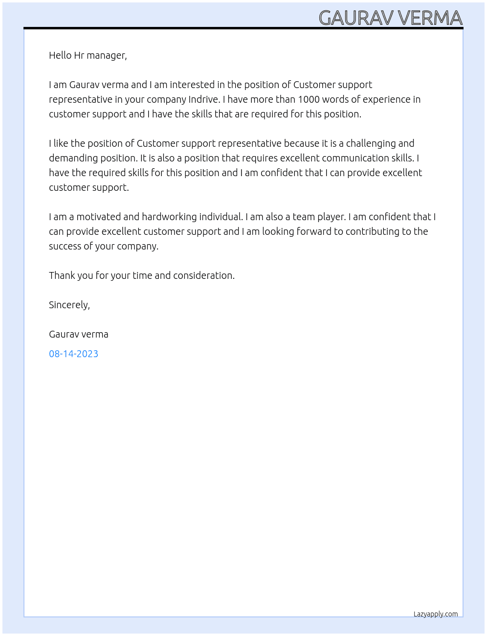 Customer support representative At Indrive Cover Letter
