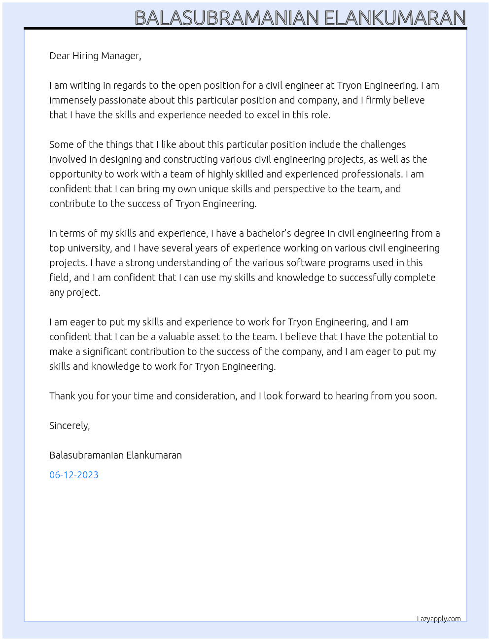 Civil Engineer At Tryon Engineering Cover Letter