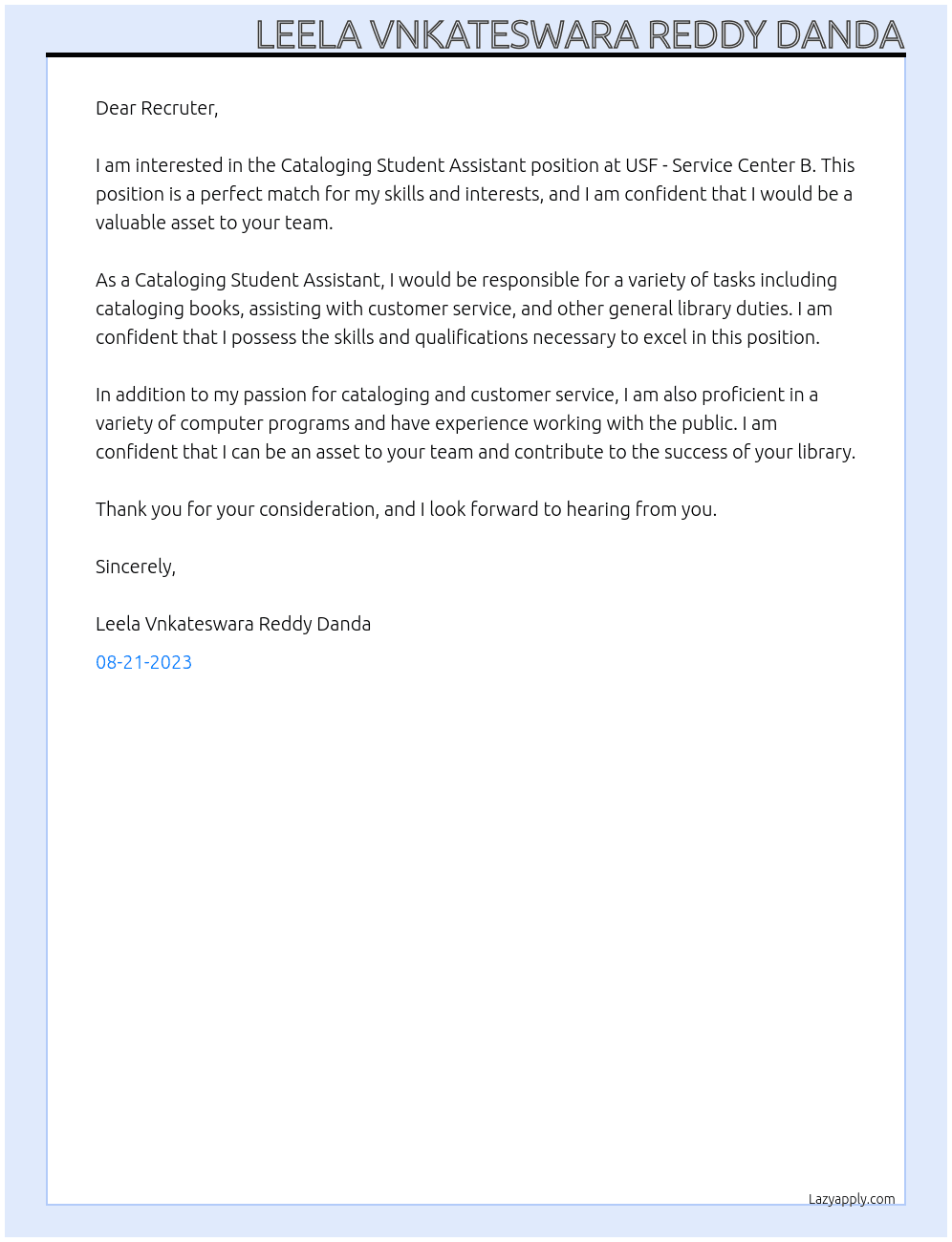 Cataloging Student Assistant At USF - Service Center B Cover Letter