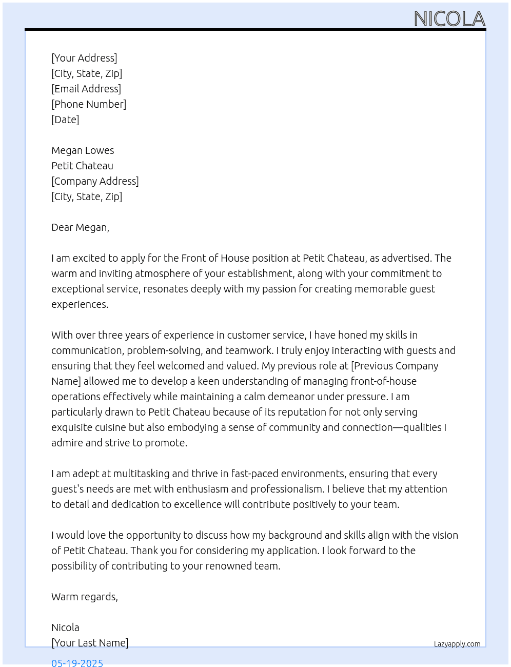 Front of house At Petit chateau Cover Letter