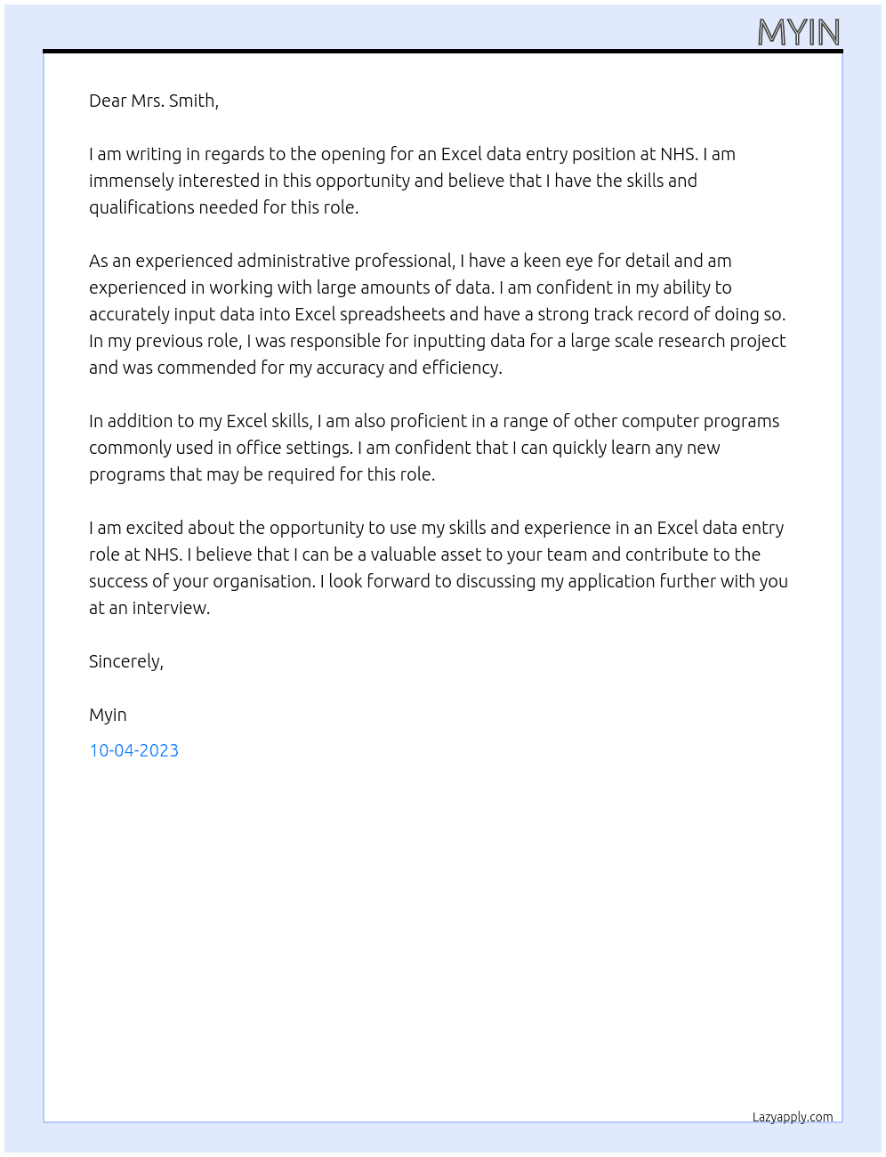 Excel data entry At NHS Cover Letter