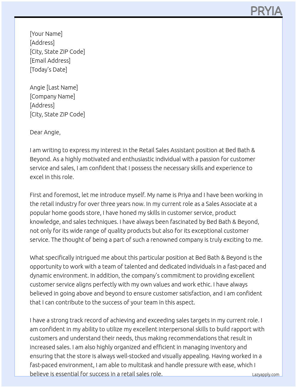retail sales assistant At bed bath & beyond Cover Letter