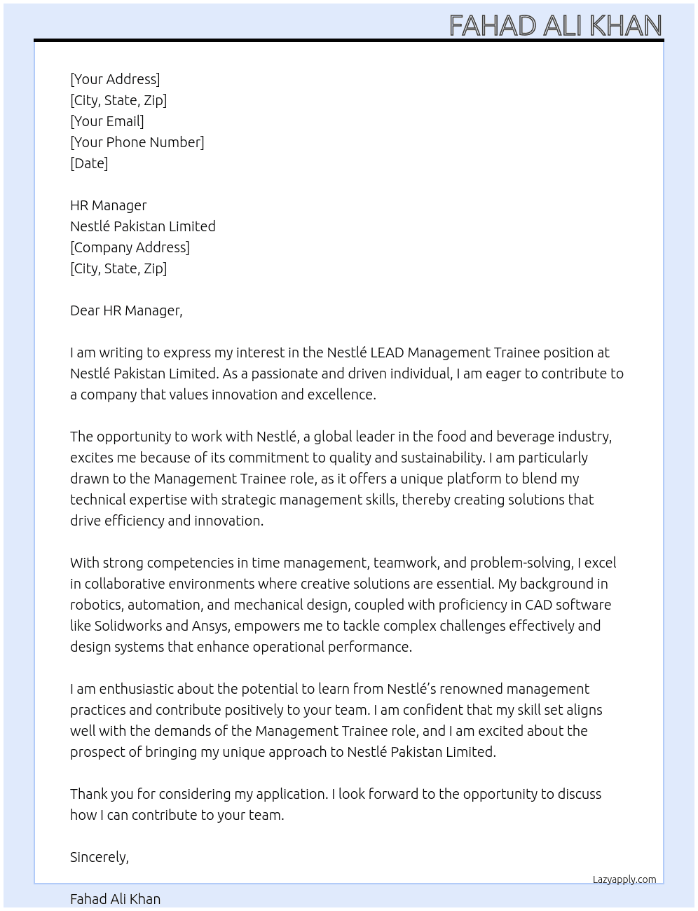 Nestlé LEAD Management Trainee At Nestlé Pakistan Limited Cover Letter