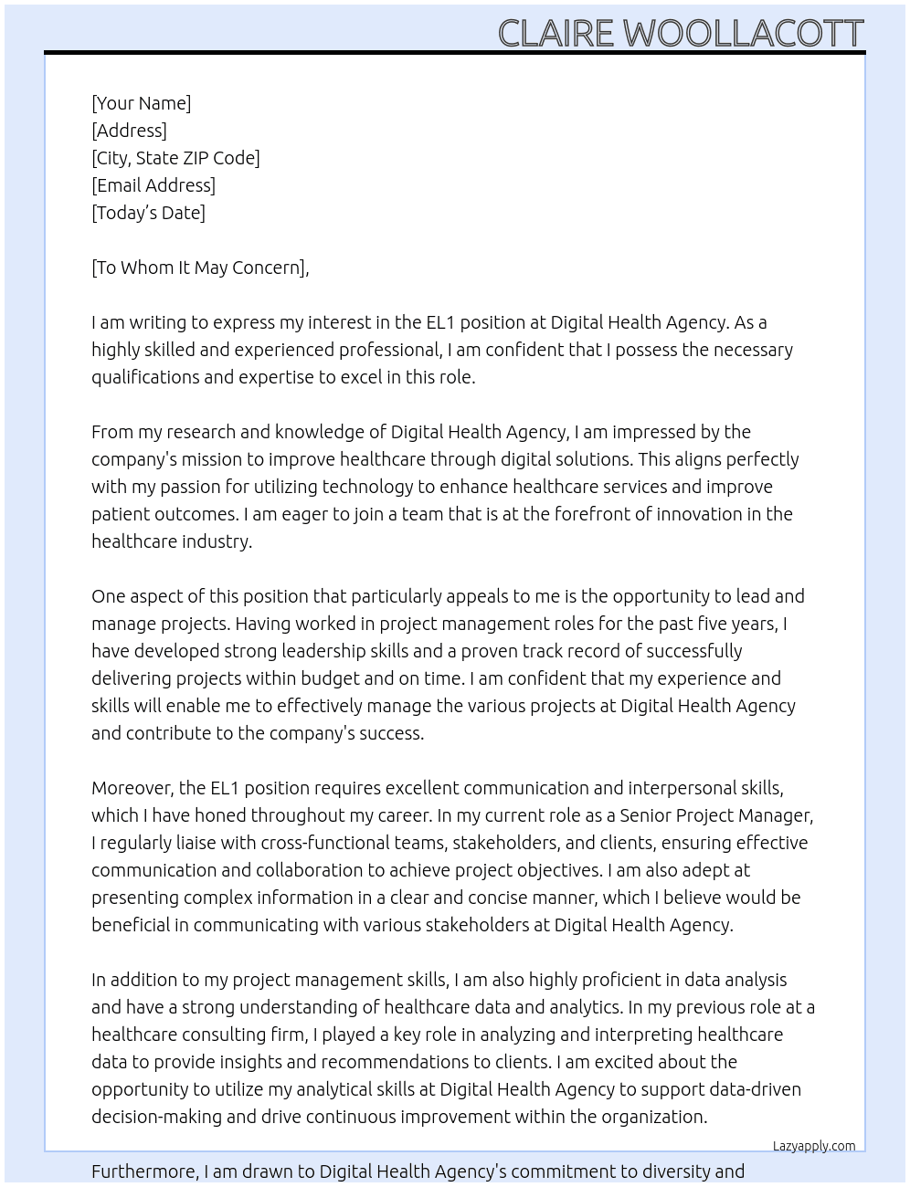 EL1 At Digital Health Agency Cover Letter
