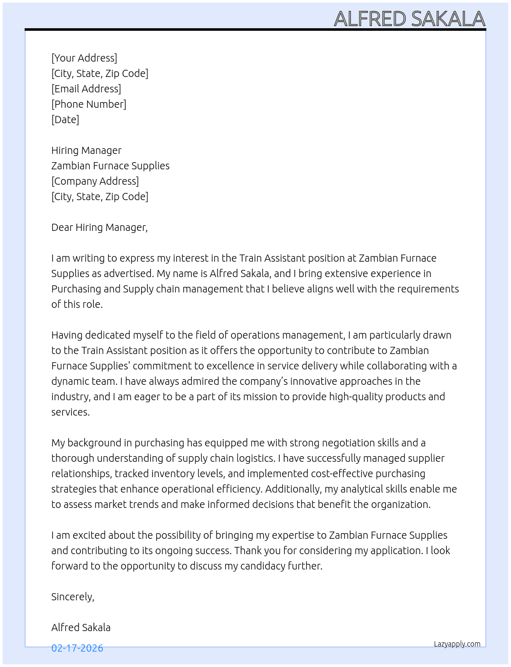 Train Assistant  At Zambian Furnace Supplies  Cover Letter