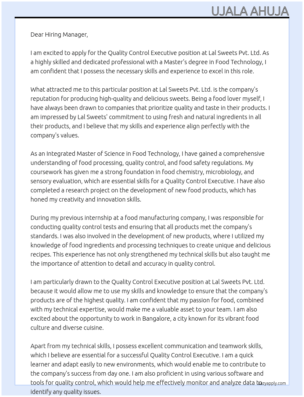 Quality Control Executive At Lal Sweets Pvt. Ltd. Cover Letter