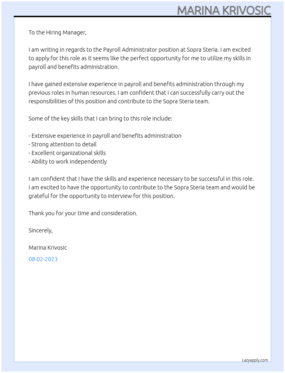 Payroll Administrator At Sopra Steria Cover Letter