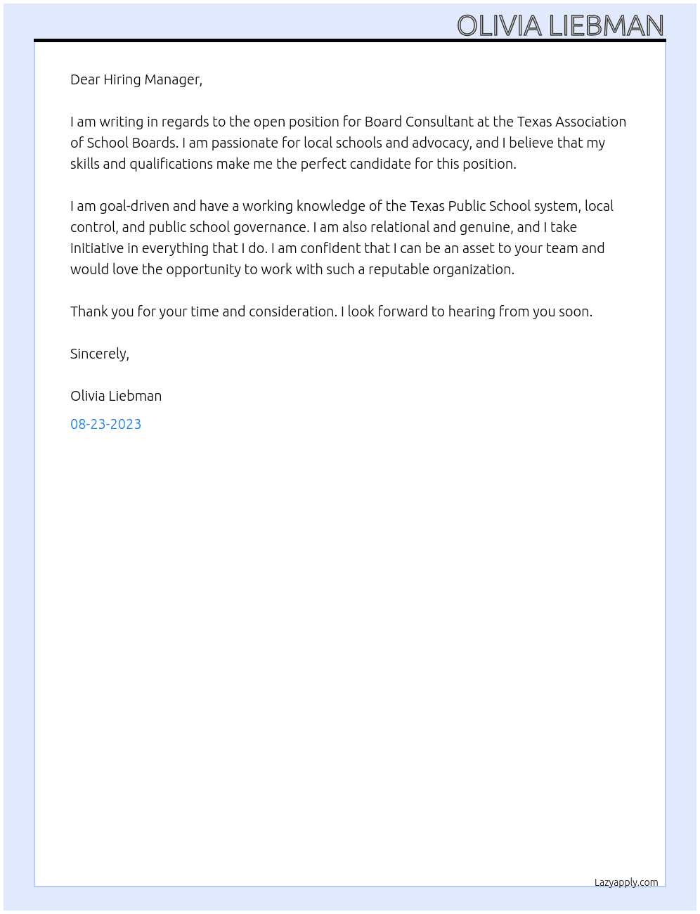 Board Consultant At Texas Association of School Boards Cover Letter