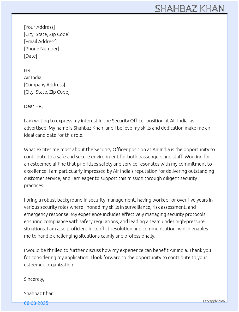 security officer  At air india  Cover Letter