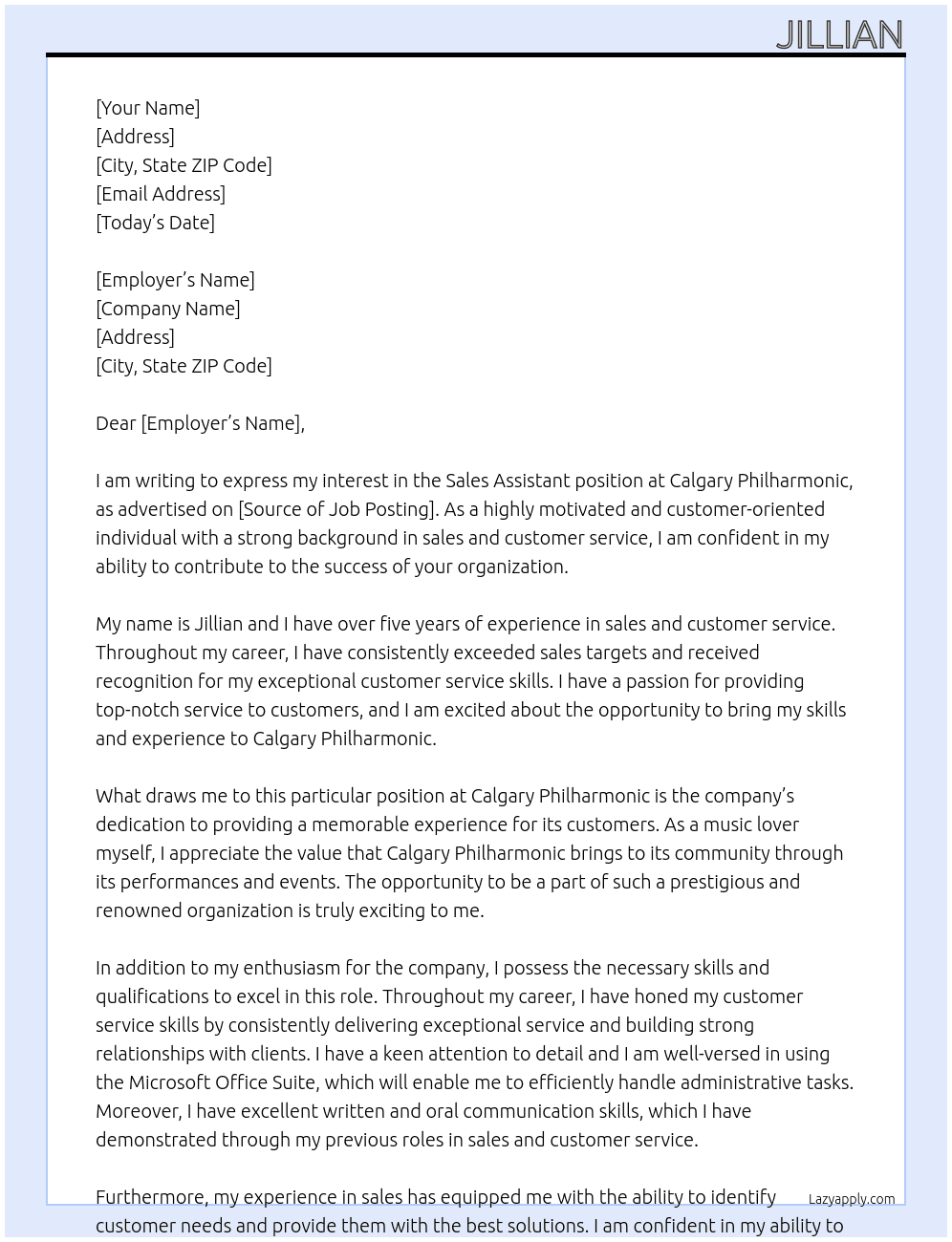 Sales Assistant At Calgary Philharmonic Cover Letter