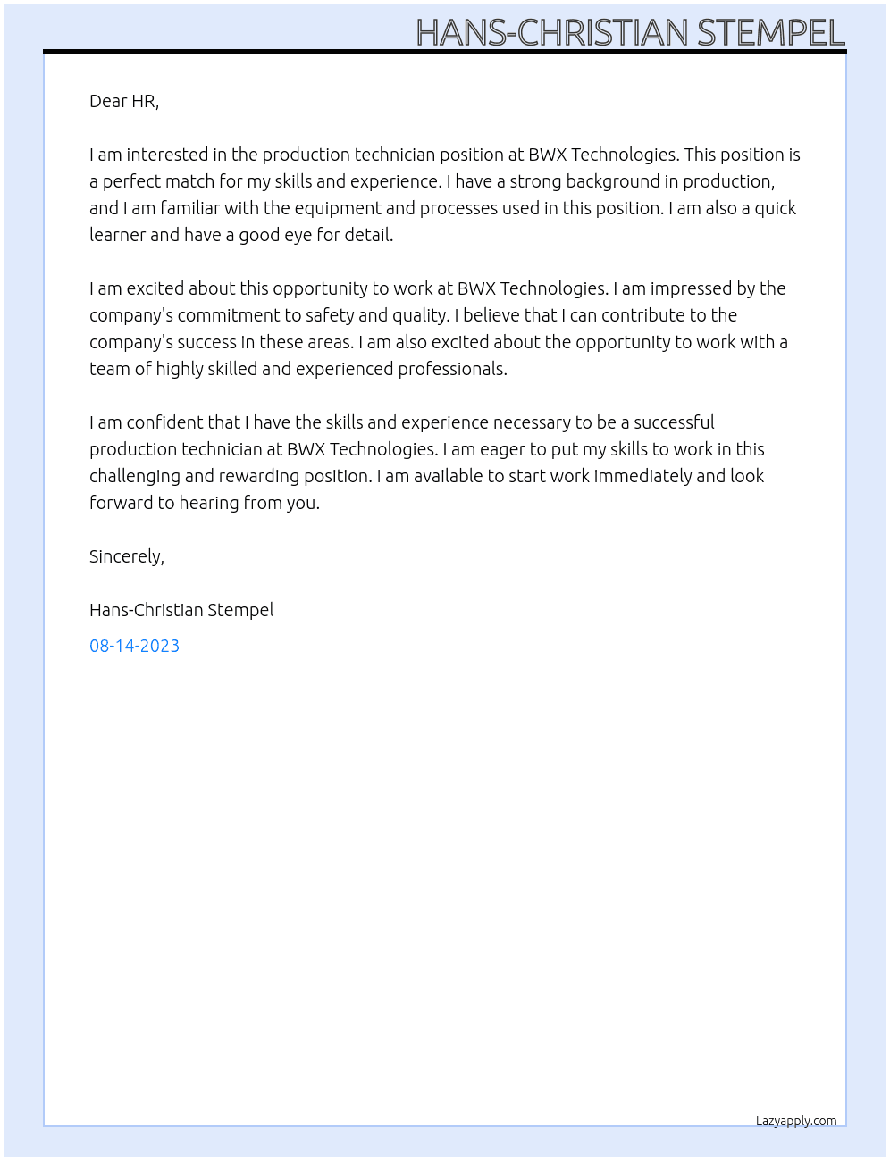production technician At BWX Technologies Cover Letter