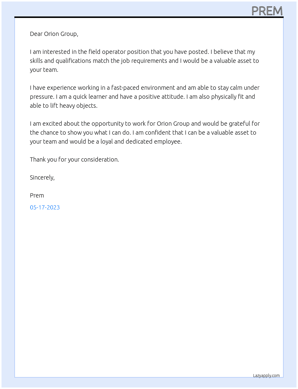 Feild operator At Orion group Cover Letter
