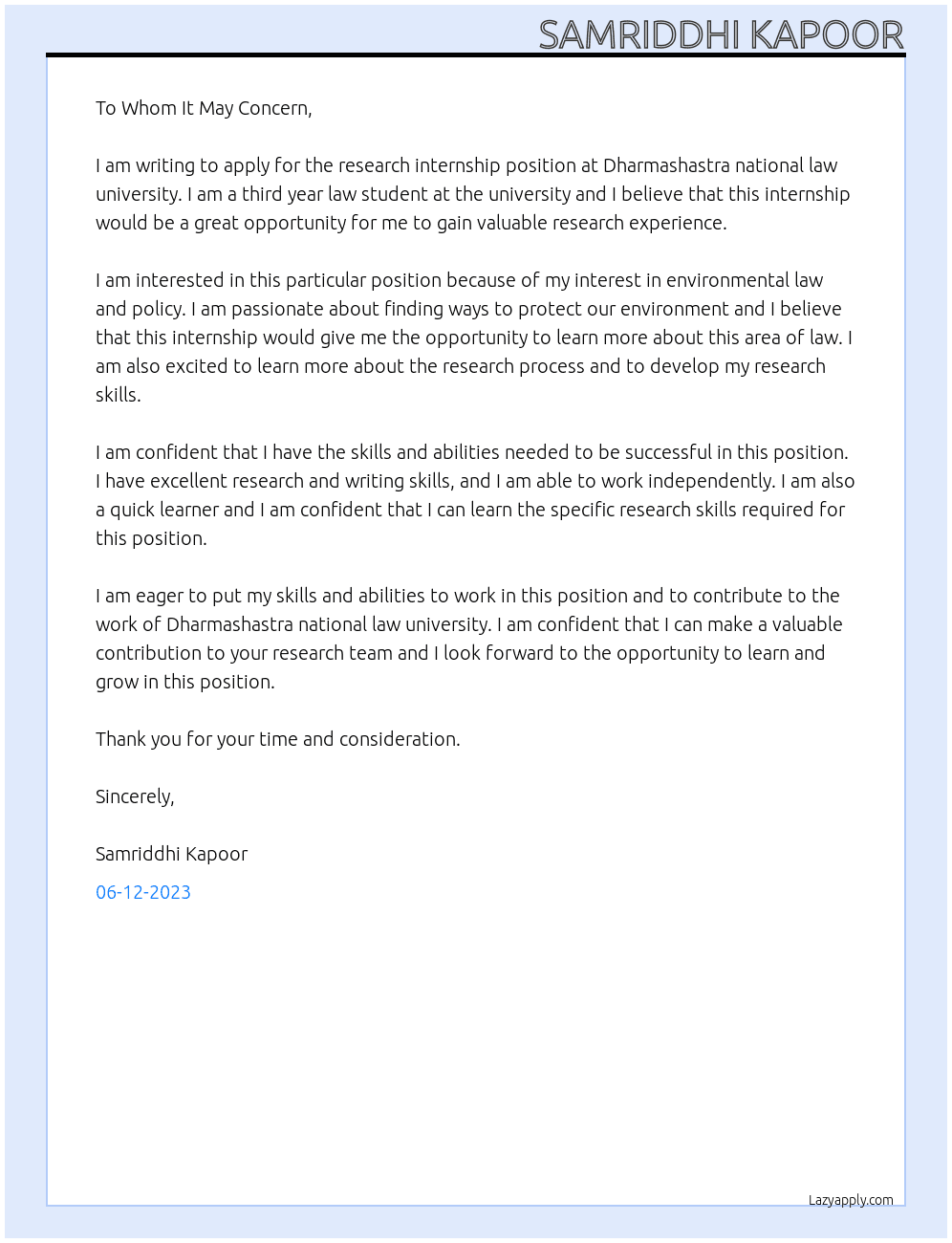 intern At research internship  Cover Letter