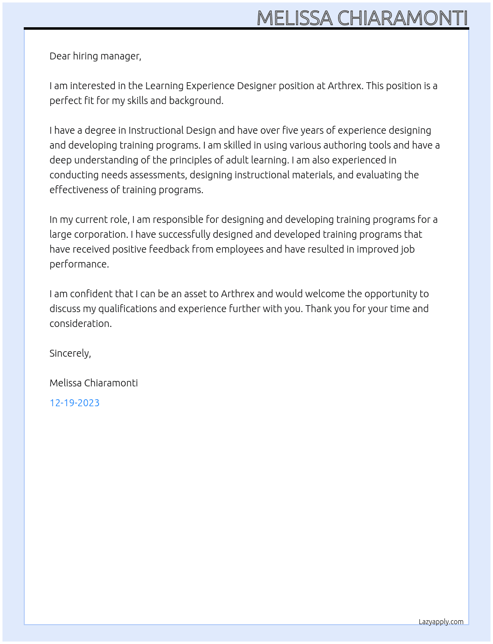learning Experience designer  At Arthrex Cover Letter