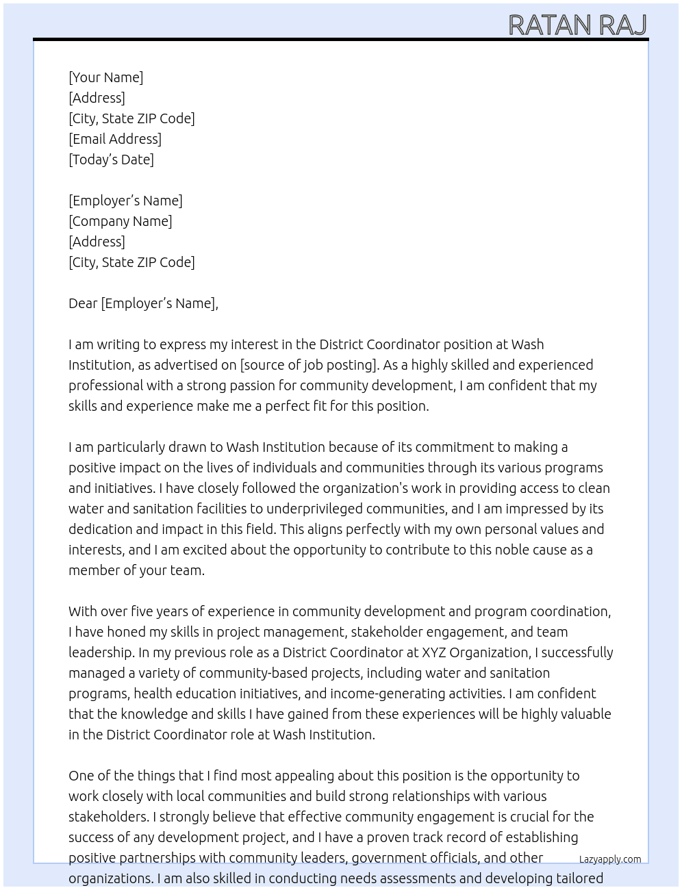 District Coordinator  At Wash institution  Cover Letter