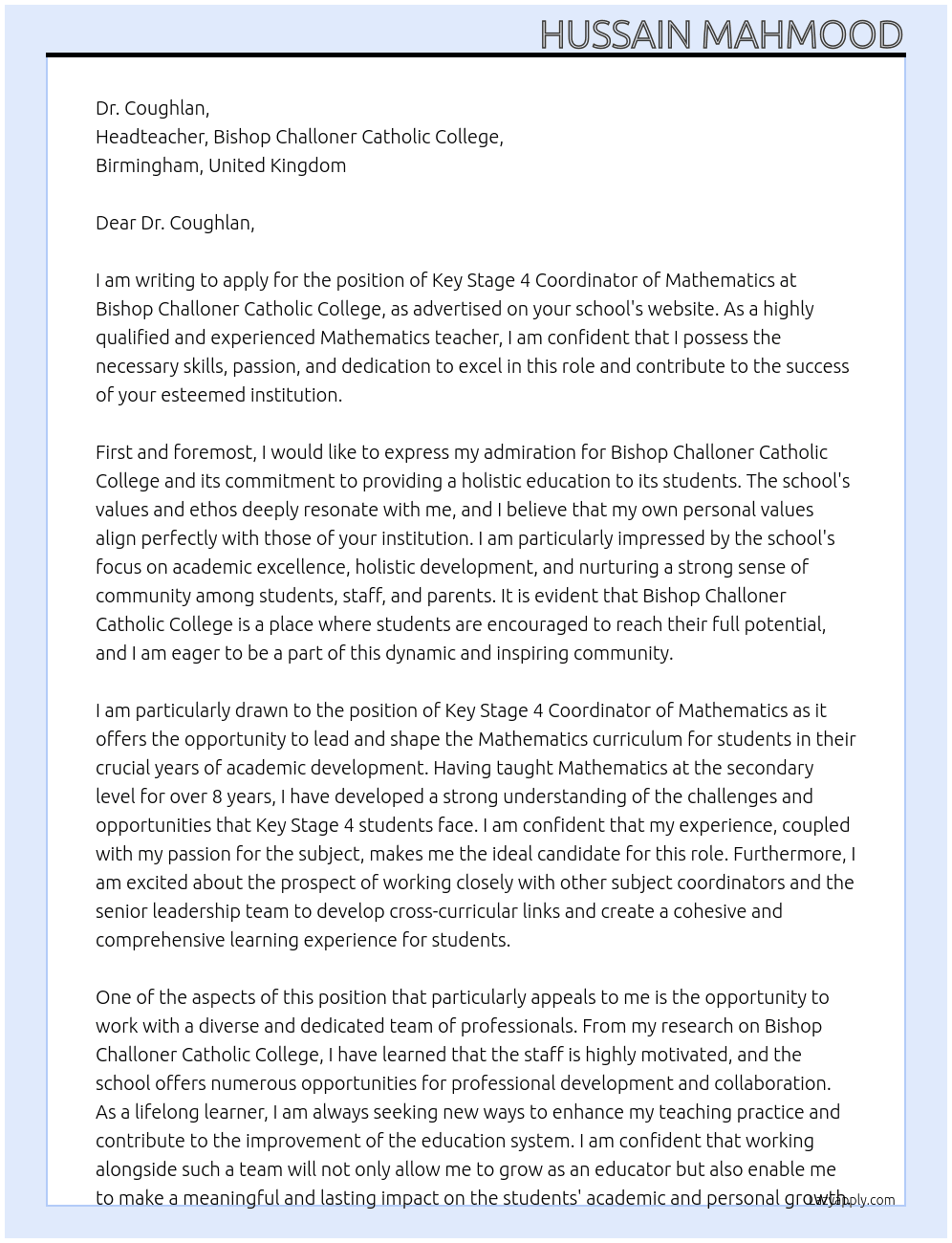 Key Stage 4 Coordinator of Mathematics At Bishop Challoner Catholic College Cover Letter