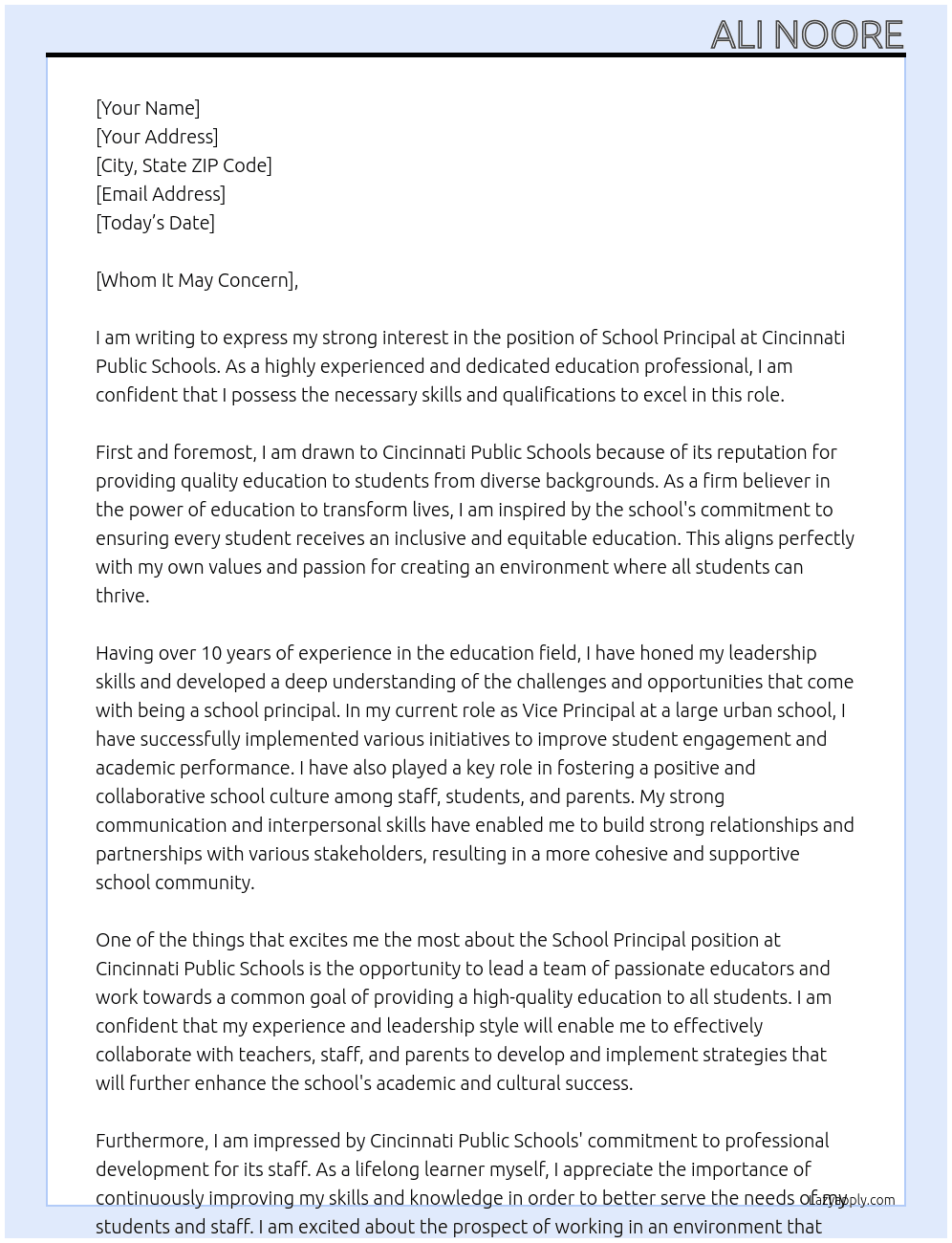School Principal At Cincinnati Public Schools Cover Letter