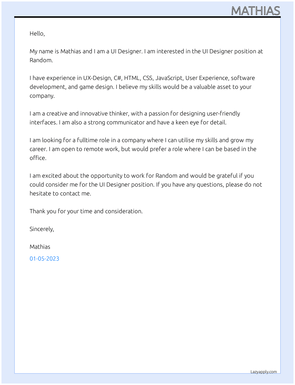 UI Designer At Random Cover Letter